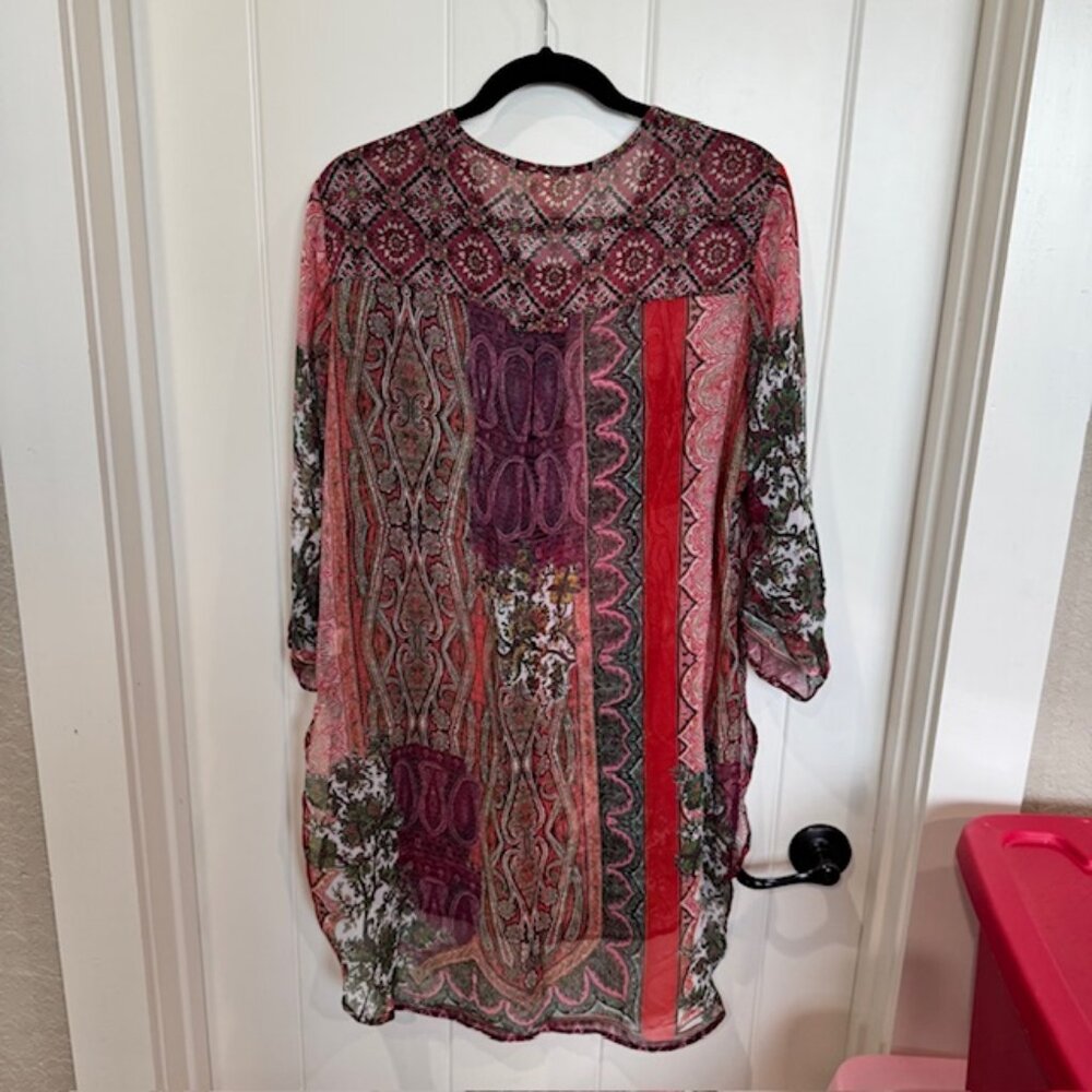 Fig and Flower Sheer Boho Tunic Blouse Paisley Patchwork Print Size L - Picture 3 of 12